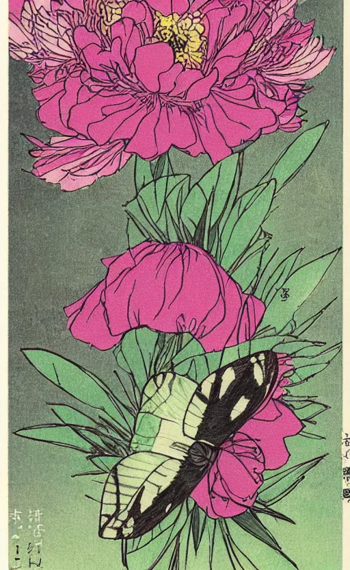 Prompt: by akio watanabe, manga art, portrait of a insect butterlfy spreading its colorful wings, peony flower, trading card front