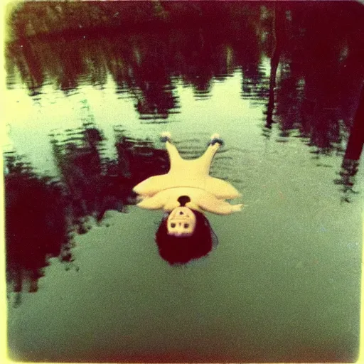 Prompt: semi translucent smiling @frog@ floating over misty lake in Jesus Christ pose, polaroid photography by Andrei Tarkovsky, paranormal, spiritual, mystical
