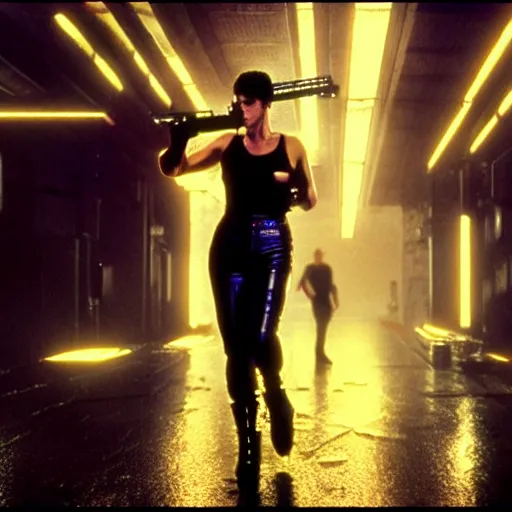 Image similar to jennifer connelly starring in a cyberpunk movie in a distopic futuristic city in the style of bladerunner, wearing a cropped black tank top, black shorts and black boots, firing a gun, muzzle flash, movie still, highly detailed, rainy night, volumetric lights, dramatic, scifi, sharp focus