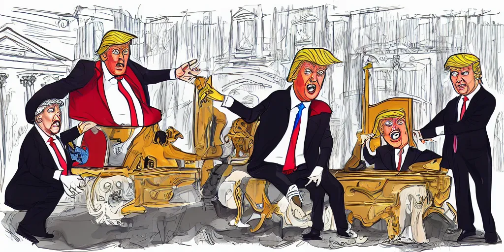 Image similar to donald trump as a malicious puppeteer controlling supreme court justices, full color digital illustration