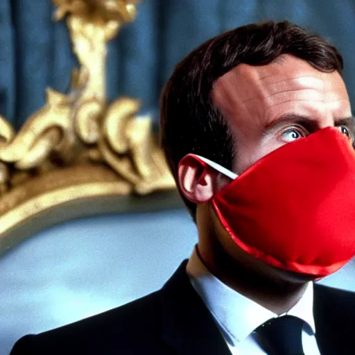 Image similar to Emmanuel Macron wearing a venitian mask, in Eyes Wide Shut (1999)