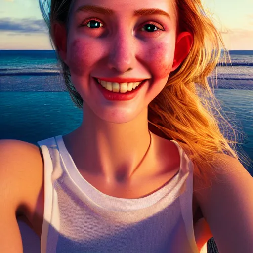 Image similar to portrait of a cute thin young woman, red blush, cute freckles, smug smile, modern clothes, relaxing on the beach, golden hour, close up shot, 8 k, art by irakli nadar, hyperrealism, hyperdetailed, ultra realistic