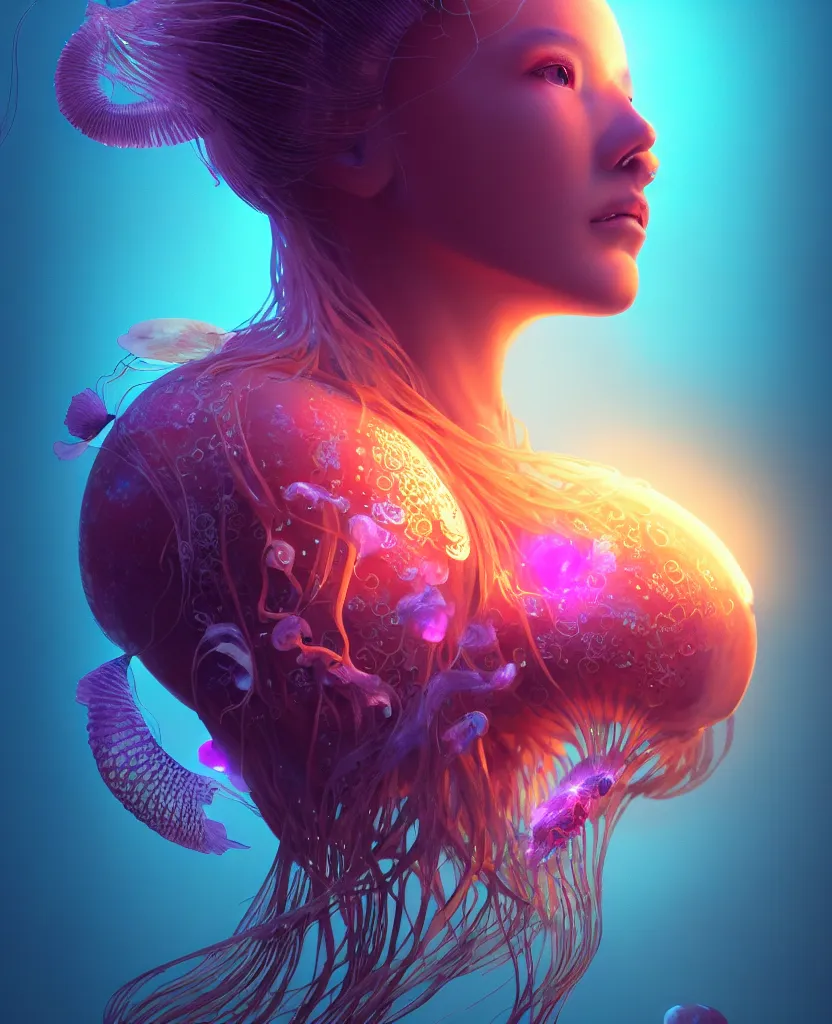 Image similar to goddess close-up portrait. jellyfish phoenix head, nautilus, orchid, skull, betta fish, bioluminiscent creatures, intricate artwork by Tooth Wu and wlop and beeple. octane render, trending on artstation, greg rutkowski very coherent symmetrical artwork. cinematic, hyper realism, high detail, octane render, 8k