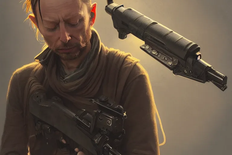 Prompt: photography of thom yorke with an ak 4 7, deep focus, d & d, intricate, elegant, highly detailed, digital painting, artstation, concept art, matte, sharp focus, illustration, hearthstone, art by artgerm and greg rutkowski and alphonse mucha