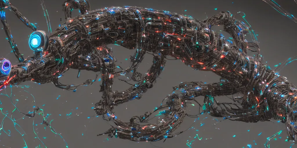 Prompt: a sentient cybernetic basilisk connected to multiple fiber optic data cables, sci-fi, extremely detailed, 8k UHD