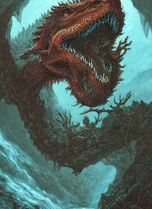 Image similar to a photographic portrait of a dragon by gustave dore and raphael lacoste and dan mumford, trending on artstation, a leopard - like sea beast, a two - horned earth beast, natural earth tone colors, cerulean blue, cyan, red