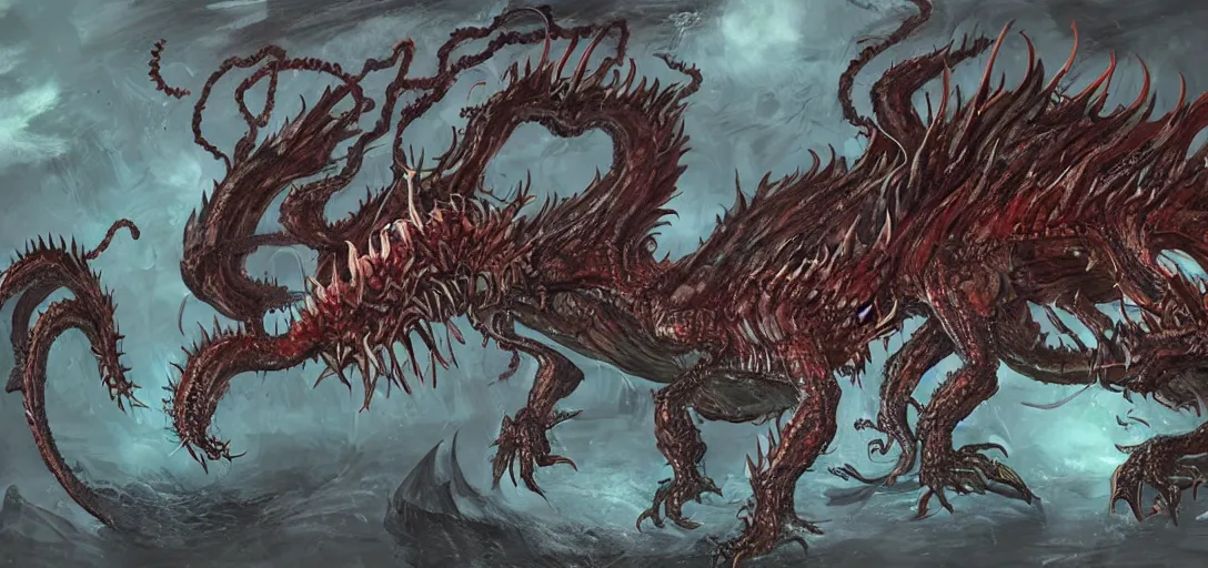 Image similar to concept art of dragon attack, lovecraftian, lots of teeth, melting horror, feathers, fighting the horrors of the unknown with laser guns