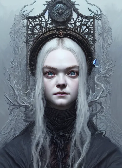 Prompt: symmetry!! portrait of elle fanning in bloodborne, horror, fashion, dark!! intricate, elegant, highly detailed, digital painting, artstation, concept art, smooth, sharp focus, illustration, art by artgerm and greg rutkowski and alphonse mucha