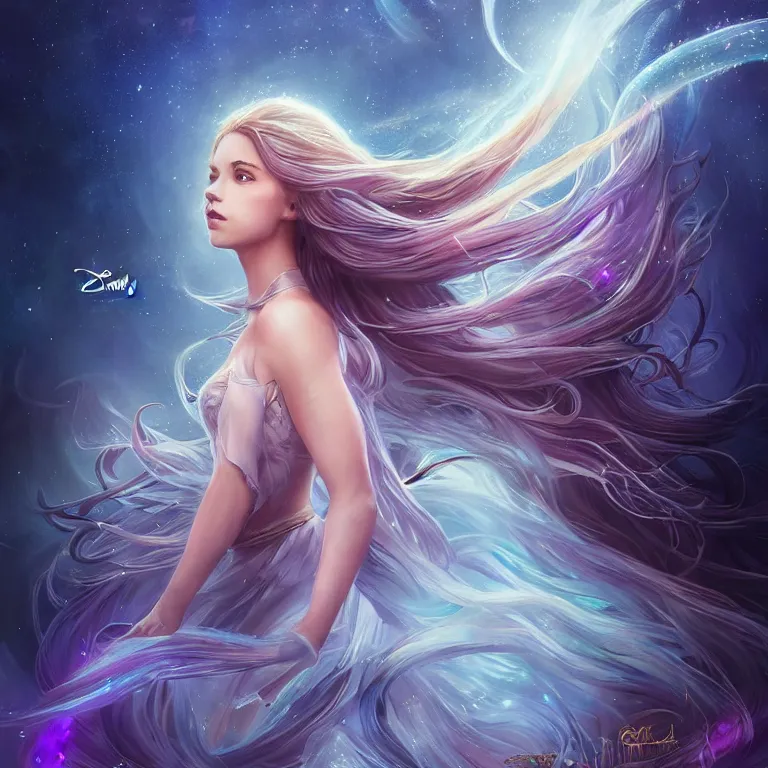 Image similar to beautiful cinematic fantasy poster a full body extreme long shot of a beautiful princess like a disney princess hybrid with flowing illuminated hair, beautiful glowing galaxy eyes, full subject in frame, wideshot ultrawide angle epic scale, hybrid from The Elden Ring and art direction by Darius Zawadzki ;by artgerm; wayne reynolds art station, coherent body and limbs; cinematic quality character render; low angle; ultra high quality model; production quality cinema model;