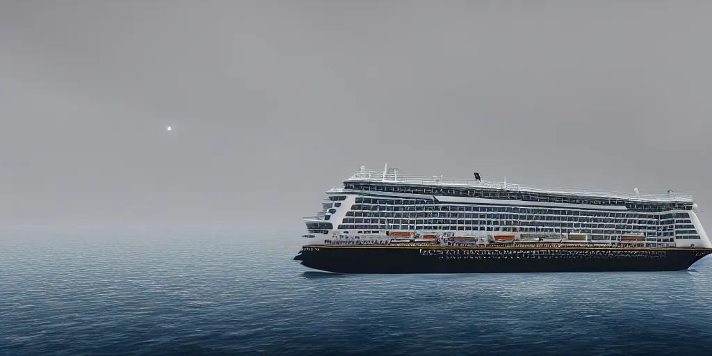 Prompt: the cruise ship lies on its side at sea, sinken, dark, thunderstorm unreal engine Hight detailed An epic fantastic realism dinamic lighting