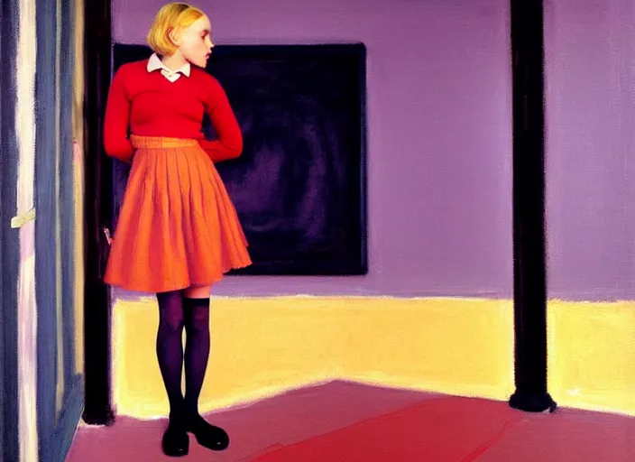 Prompt: oil painting of an annasophia robb in a learning uniform wearing stockings, teaching a lesson in a void room full of existential horror painted by Bryan Lee O'Malley and Edward Hopper, John Singer Sargant, inspired by paintings of Francis Bacon and melting color palette of Mark Rothko, Cy Twombly gestural strokes