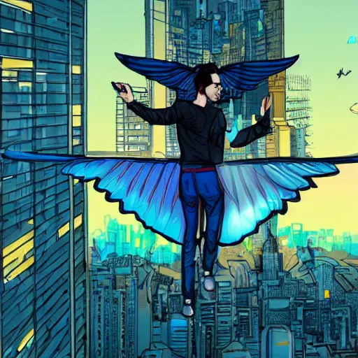 Prompt: young French man with blue energy wings on his back, behind a futuristic cyberpunk city, in the style of a comic, high quality, multiple details