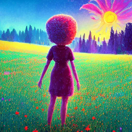 Image similar to girl with flower afro, standing in a field with flowers, hills, big trees, sunrise dramatic light, impressionist painting, colorful clouds, digital painting, pointillism, artstation, simon stalenhag