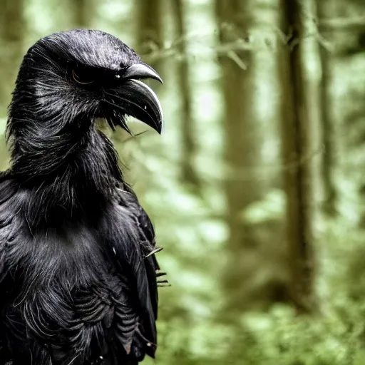 Image similar to werecreature consisting of a crow and a human, photograph captured in a dark forest