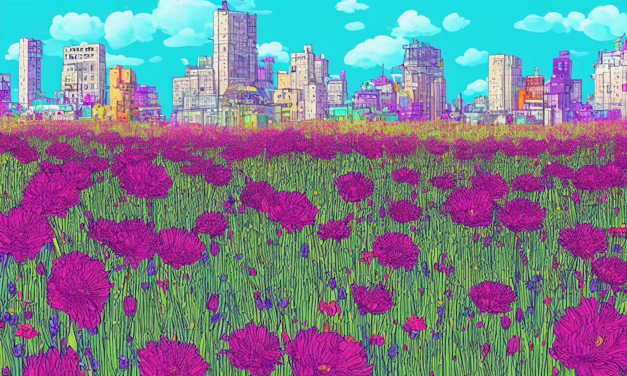 Image similar to twiddle a plopple, field flowers, busy cityscape, digital art, 3 d illustration