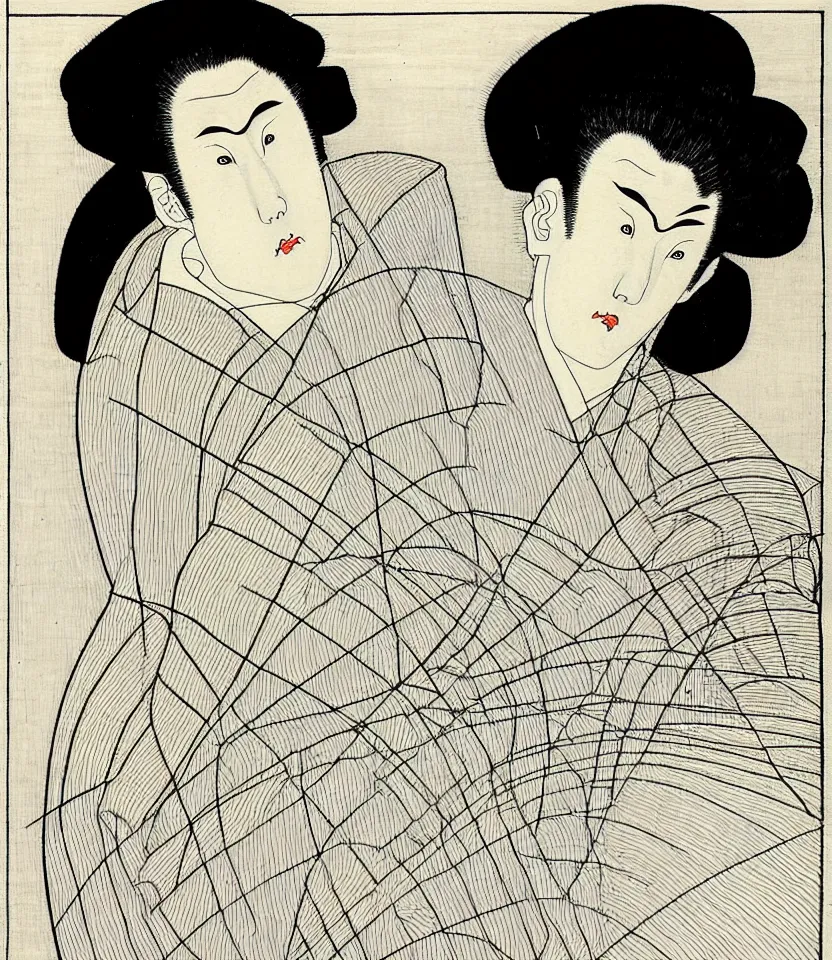 Image similar to detailed line art portrait of hiroshige, inspired by egon schiele. caricatural, minimalist, bold contour lines, musicality, soft twirls curls and curves, confident personality, raw emotion