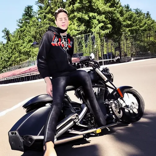 Image similar to pete davidson wearing a bikini on a motorcycle with long flowing hair