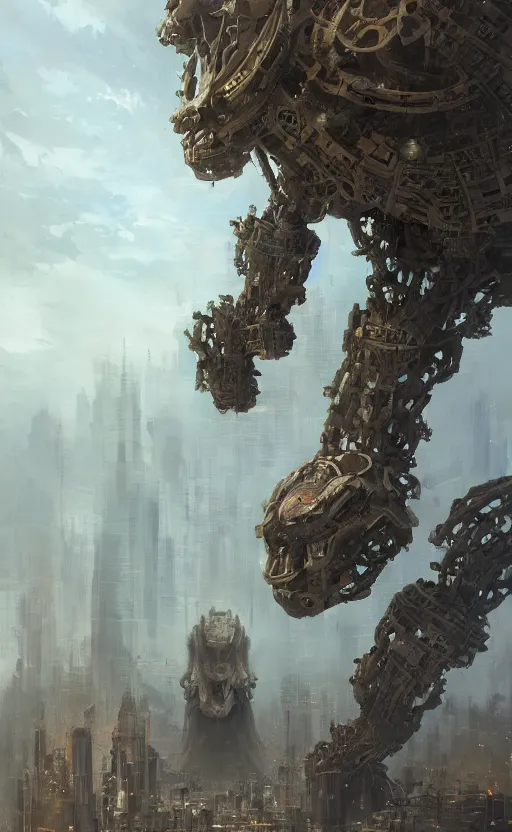 Prompt: towering massive biomechanical golem, intricate abstract, deviantart, by greg rutkowski, green, city below