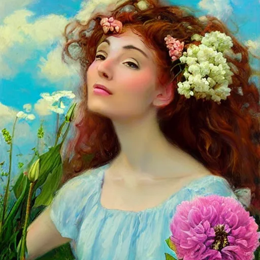 Image similar to a portrait of a romantic woman with flowers grow out of hair, roses peonies forget-me-nots dahlias lupins gladioli, sky theme in background, by Alexandr Averin, Digital Art, Trending on artstation