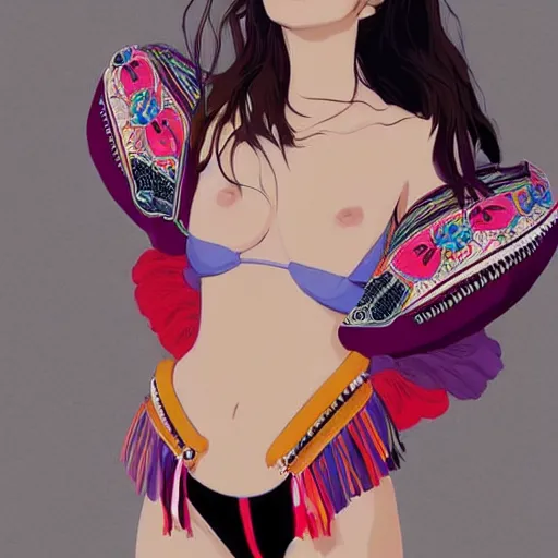 Image similar to a beautiful young japanese natalie portman alluring gravure model, stylized concept art, wearing big elaborate designer bomber jacket and one piece bikini, bomber jacket with mesoamerican patterns, mesoamerican native street fashion, princess mononoke, painted by ilya kuvshinov aesthetic, gorgeous, stunning, alluring, attractive, artstation, pinterest, digital art
