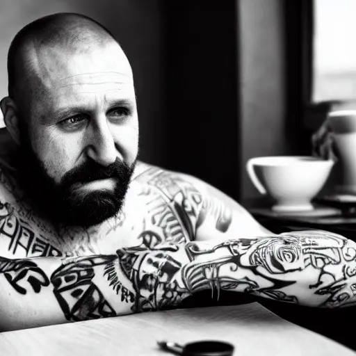 Image similar to black and white press photograph, highly detailed portrait of a depressed tattooed middle age man drug dealer sitting by the table, detailed face looking into camera, eye contact, natural light, mist, fashion photography, film grain, soft vignette, sigma 85mm f/1.4 1/10 sec shutter, Darren Aronofsky film still promotional image, IMAX 70mm footage