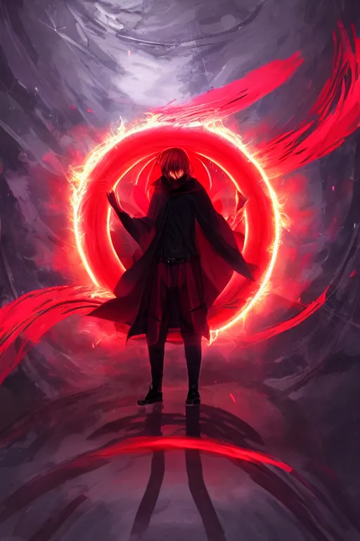 Image similar to anime guy with red hair in black cloak holding a red energy vortex, anime fight, wlop, concept art, digital painting, trending on artstation, highly detailed, epic composition, 8 k uhd