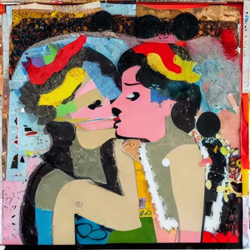 Prompt: two women kissing at a carnival in a video game, mixed media collage, retro, paper collage, magazine collage, acrylic paint splatters, bauhaus, claymation, layered paper art, sapphic visual poetry expressing the utmost of desires by jackson pollock