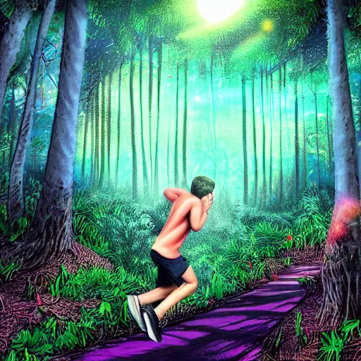 Image similar to Vapor Wave style artwork of a boy running through a forest filled with mystical creatures