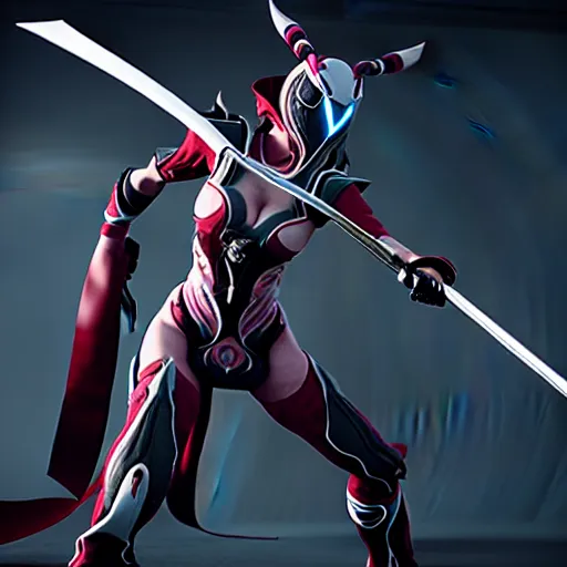 Image similar to photograph of (female) mag!!!!!!!! warframe holding a katana!!!!!!!, 8k resolution, high detail, ULTRA REALISTIC VFX, reflections