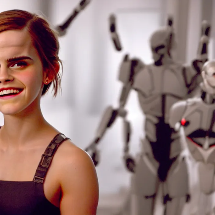 Image similar to Joyful! smiling Emma Watson wearing cyborg prosthetic, from The emperor's new groove (2000). Clear body. Light Clothes. Cinematic. Professional Photo. Low angle. 8k. Clear Face.