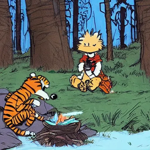 Image similar to Calvin and Hobbes camping in the forest in the future