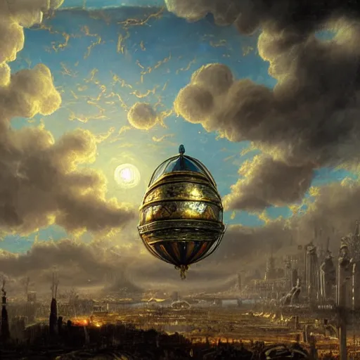 Image similar to enormous flying city in a faberge egg, sky, steampunk, fantasy art, masterpiece, hugh ferriss, unreal engine, peder balke, andreas achenbach cloudy background