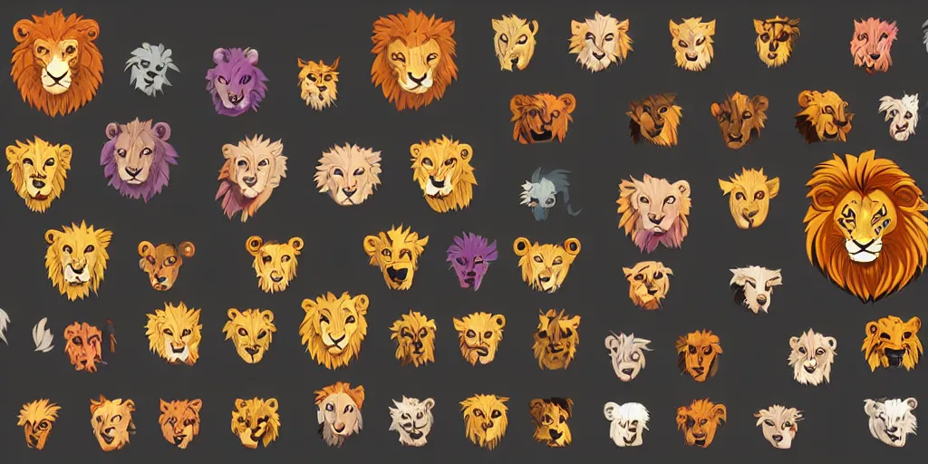 Prompt: game asset of unique lion heads on black background, happy, organic, animated hanna barbera color palette, animated hanna barbera black inking, toon shading, 5 colors, solid colors, flat 2 d design, 2 d sprites, 8 k, close up