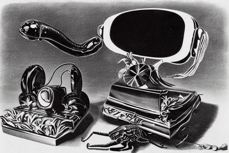 Prompt: Salvador Dali’s surrealist object Lobster Telephone (also known as Aphrodisiac Telephone), a black rotary telephone with a lobster for the handset