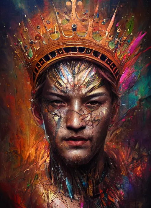 Image similar to a humanoid king tiger with a crown, atmospheric beautiful by stanley artgerm, tom bagshaw, arthur adams, carne griffiths, trending on deviant art, street art, chillwave, maximalist, full of color, glittering, 8 k, hd