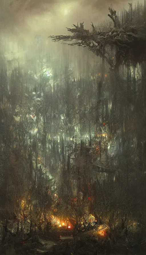 Image similar to a storm vortex made of many demonic eyes and teeth over a forest, by ruan jia