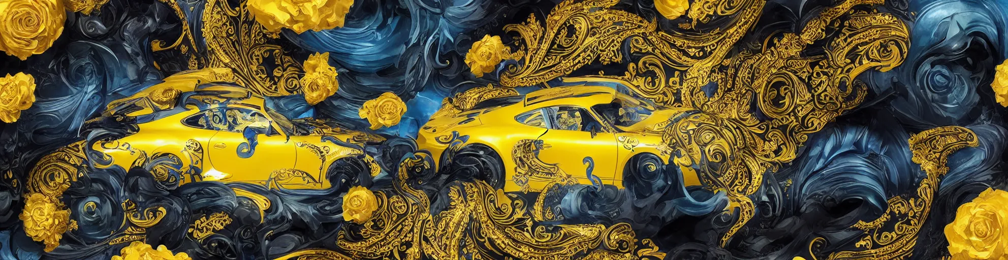 Image similar to black blue yellow porsche 9 1 1, complicated gold and blue flowers the baroque style decoration, dark fantasy, intricate, elegant, highly detailed, digital painting, artstation, concept art, matte, 3 d 8 k octane rendered, sharp focus, illustration, octane rendered, art by artgerm