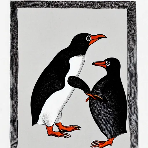 Image similar to deranged penguin, depressed, schizophrenic, audubon illustration