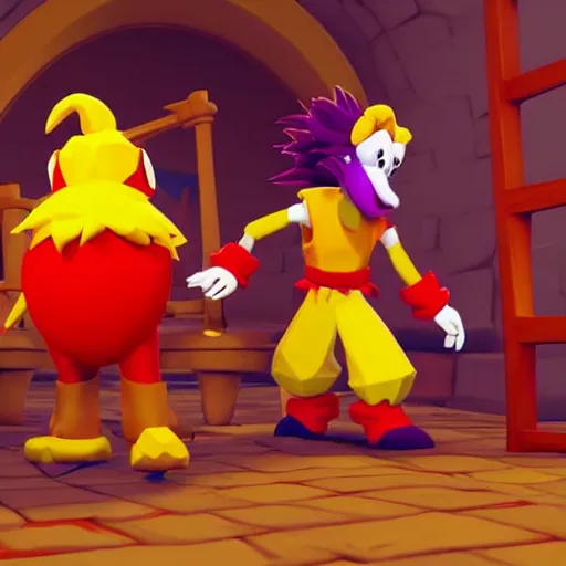 Image similar to image of ronald mcdonald, red afro, red nose and yellow outfit as an enemy in spyro the dragon video game, with low poly playstation 1 graphics, upscaled to high resolution