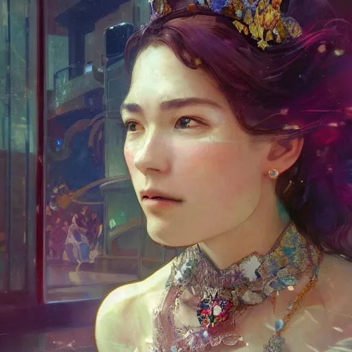 Image similar to noami osaka, adorned with precious stones, tiara and necklace by jeremy mann and alphonse mucha, photo realistic, dynamic lighting, windy, artstation, poster, dreamy, volumetric lighting, ethereal, 4 k, high detail