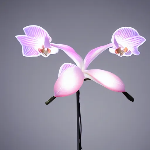 Image similar to an orchid flower made of metal, cybertronic, reflective, glowing