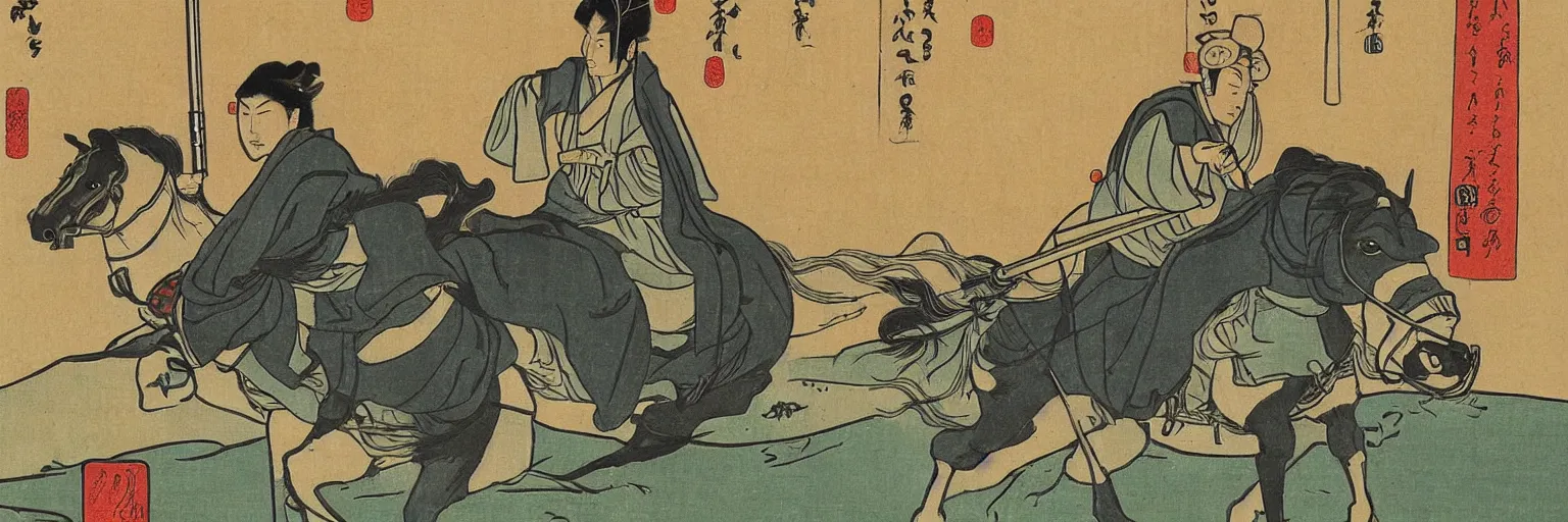 Image similar to Jedi riding on horseback with a lightsaber, rice paddy, ukiyo-e painting