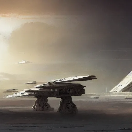 Image similar to star wars concept art by greg rutkowski, salt plains with plateaus in the background, there are buildings and towers of a military base, very bright cinematographic light, hot and hostile atmosphere, artstation hq.