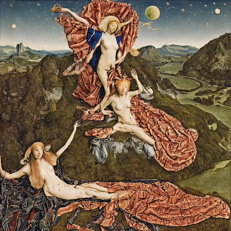 Image similar to a wide mountainous river valley with venus with snake skin and feathers holding up the sky while the stars look like flowers by jan van eyck, character, full body, max ernst, hans holbein, portrait, fashion editorial