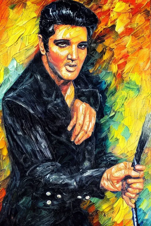 Image similar to highly detailed palette knife oil painting of Elvis Presley, wealthy, wise, by Peter Lindbergh, impressionistic brush strokes, painterly brushwork