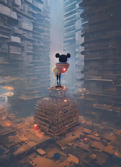 Image similar to people building giant head of mickey mouse inside of abandoned netflix office, cyberpunk, by beeple, dystopia, golden ratio, octane render, redshift, trending on artstation, 8 k