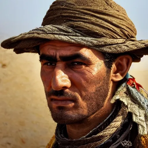 Image similar to Close up of a Kurdish shepherd wearing Kurdish clothes in a movie directed by Christopher Nolan, movie still frame, promotional image, imax 70 mm footage