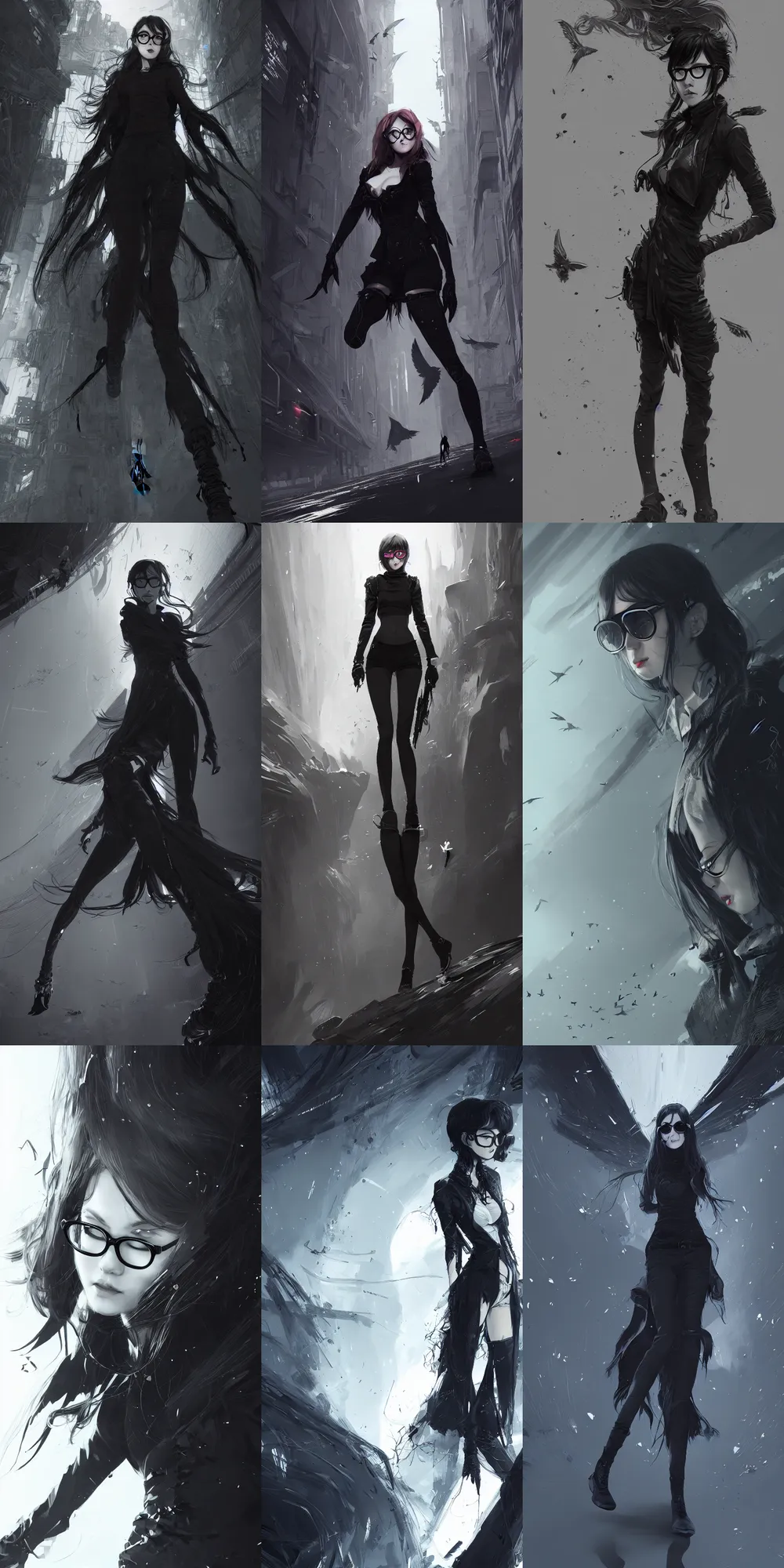 Prompt: girl wearing round glasses, beautiful, detailed full body illustration, black wings, vampire, 4 k, artstation, concept art, anime, ink outlines, dark landscape, wlop, wadim kashin