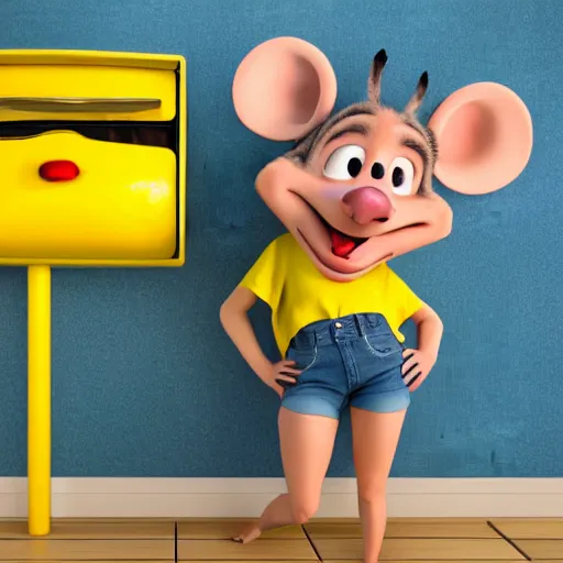 Image similar to 3 d render, portrait, upper body shot, mid shot, anthropomorphic mouse, female, wearing denim short shorts and a off yellow tank top shirt, in the style of flushed away