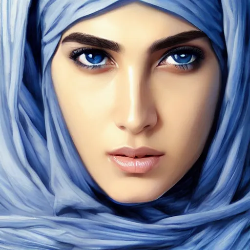 Prompt: greek ameera al taweel , blue eyes, serious, elegant, white hijab, sharp focus, beautiful face, Hyper-realistic, Highly Detailed, HD, by Brom, by beeple, studio ghibli, wallpaper, highly detailed, trending on artstation
